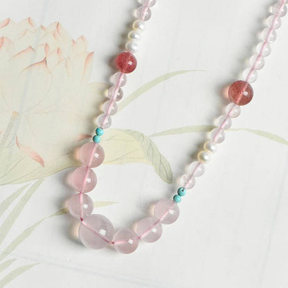 Honey Garden: Large Particle Rose Crystal Collarbone Chain · Encounter the Sweetness of Strawberry Crystal and the tranquility of Turquoise