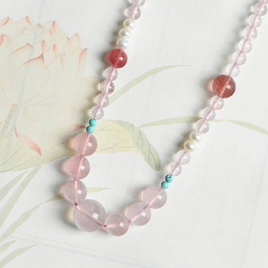 Honey Garden: Large Particle Rose Crystal Collarbone Chain · Encounter the Sweetness of Strawberry Crystal and the tranquility of Turquoise