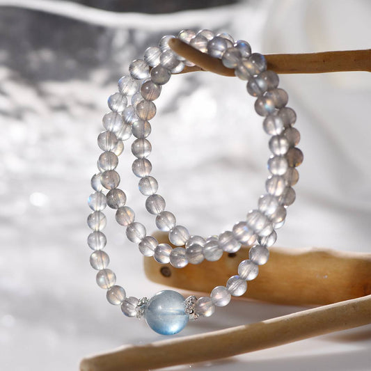 "Deep Dive Repair" Grey Moon Aquamarine Multi-Loop Transport Bead Bracelet: 6mm Grey Moon Matrix · 13mm Aquamarine Pivot · Silver Track Energy Net