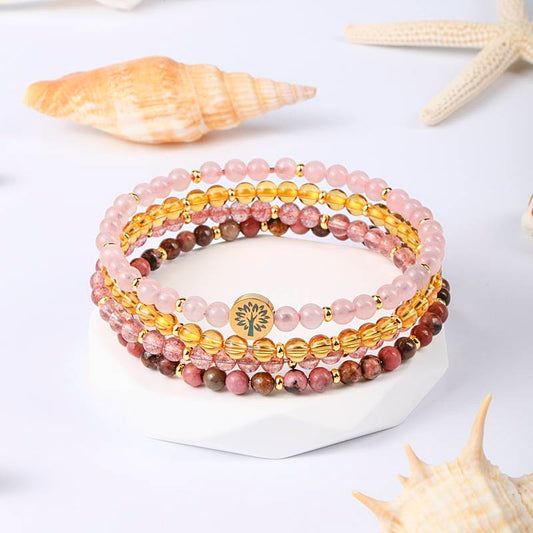 Heart Chakra Sustainable Garden: Rose Quartz, Citrine, Strawberry Crystal, Rose Rose Four-level Love and Happiness Energy Ring