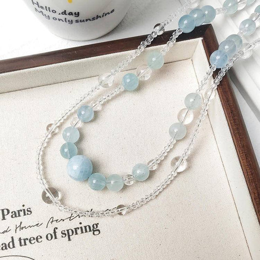 Double Chain layering · Double Tenderness: Aquamarine & White crystal double-loop layering necklace, locking in clear tranquility and pure energy