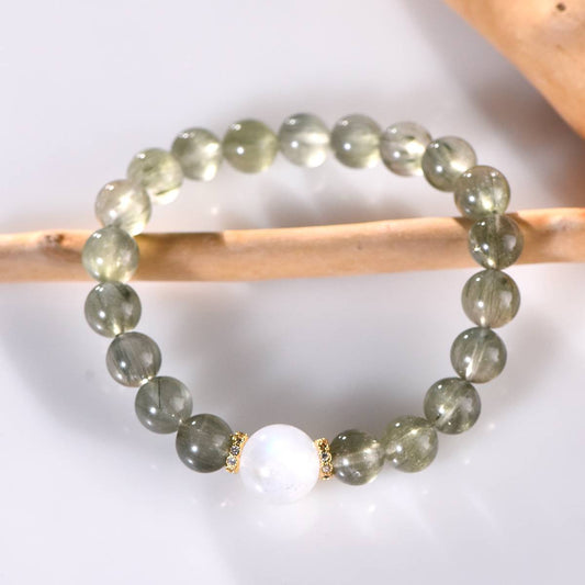 "Star River Wish" Green Hair Crystal Moonstone Bracelet: A Natural Romance bestowed upon her · Protection and Good luck always by her side