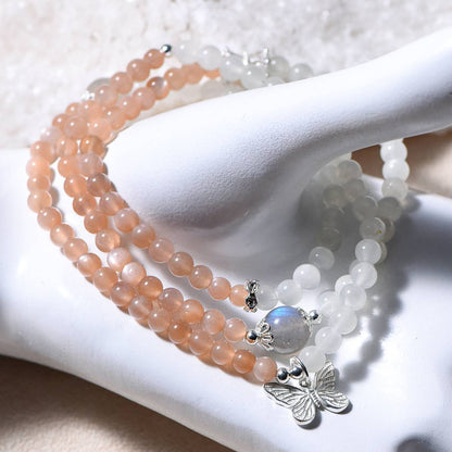 "Star and Moon Trio" Golden sand orange Moonlight + Lemon white Moonlight three-loop bracelet with grey moonlight lapis lazuli top bead