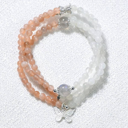 "Star and Moon Trio" Golden sand orange Moonlight + Lemon white Moonlight three-loop bracelet with grey moonlight lapis lazuli top bead