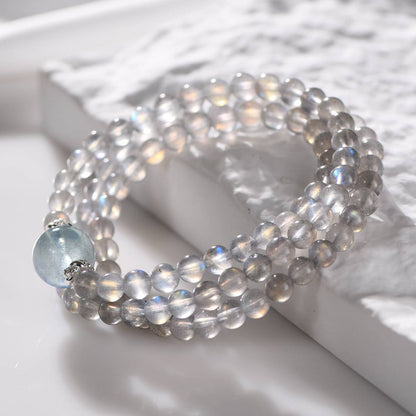 "Deep Dive Repair" Grey Moon Aquamarine Multi-Loop Transport Bead Bracelet: 6mm Grey Moon Matrix · 13mm Aquamarine Pivot · Silver Track Energy Net