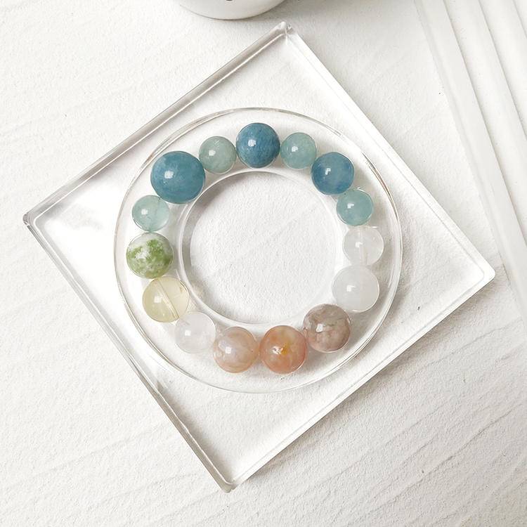 Sakura Promenade: Aquamarine, Xiuyan Jade & Cherry Blossom Agate Bracelet