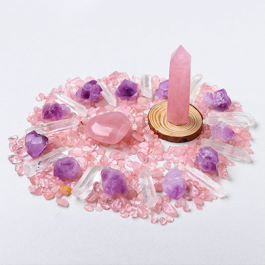 🔮 [Natural amethyst rough Stone + hexagonal Prism Crystal + Energy Gravel Set] - 13 energy universes, switch as you like!