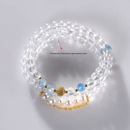 Azure Sanctuary: Triple Strand White Quartz, Aquamarine & Pearl Bracelet