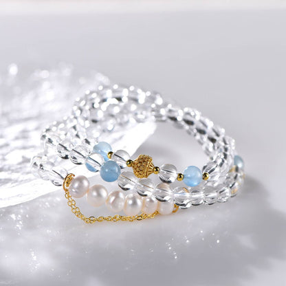 Azure Sanctuary: Triple Strand White Quartz, Aquamarine & Pearl Bracelet