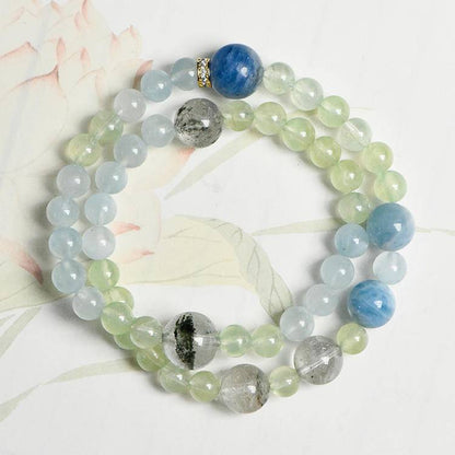 🌊🌿 The five elements water and wood shine together · Wisdom and wealth twin . Aquamarine Green Ghost Blue Crystal Double Loop bracelet