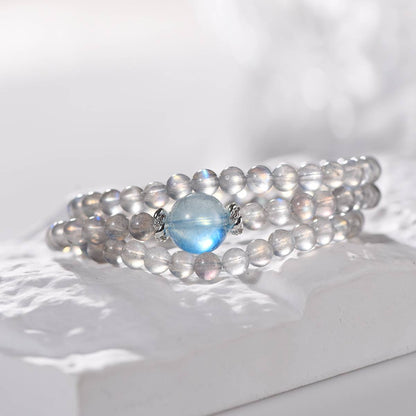 "Deep Dive Repair" Grey Moon Aquamarine Multi-Loop Transport Bead Bracelet: 6mm Grey Moon Matrix · 13mm Aquamarine Pivot · Silver Track Energy Net